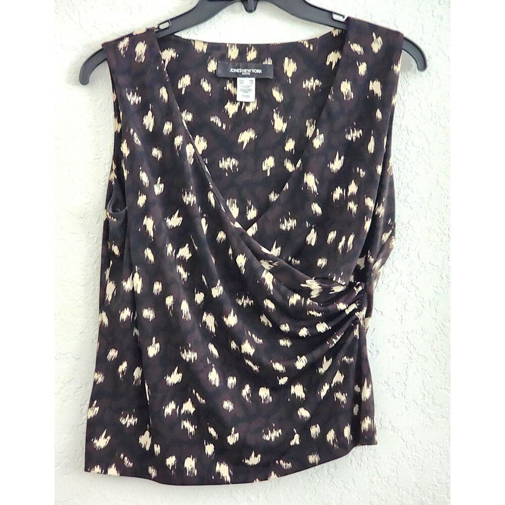 TOP/BLOUSE-JONES NEW YORK PETITE-Chocolate Brown-Tan-Draped Front-Petite Medium